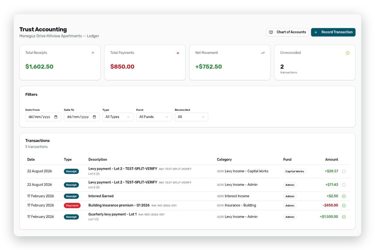 LevyLite trust accounting ledger with fund-split receipts for admin and capital works